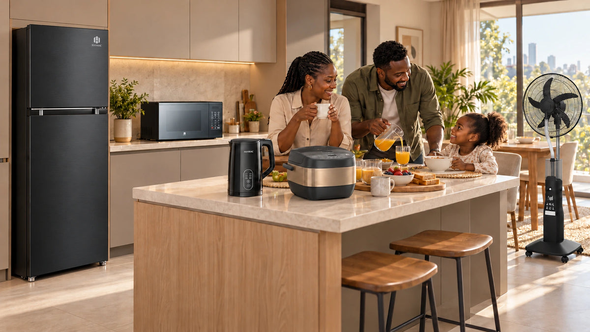Illustrative AI scene of a Kenyan family at home with HANMAC appliances