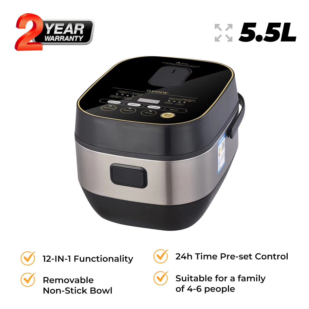 HANMAC HRS5E 5.5L 12-IN-1 Multi-Functional Electric Cooker